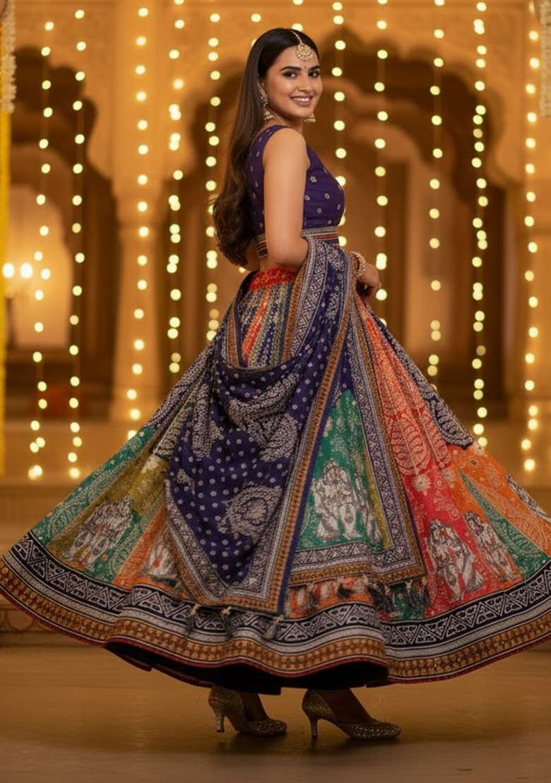 Multicolor Printed Rayon Lehenga Set for Diwali and Festive Wear - Indya