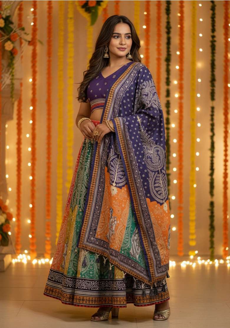Multicolor Printed Rayon Lehenga Set for Diwali and Festive Wear - Indya