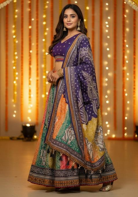 Multicolor Printed Rayon Lehenga Set