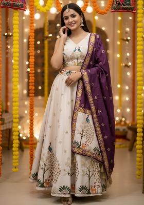 Cream Printed Rayon Lehenga Set
