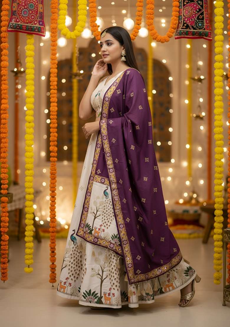 Cream Rayon Lehenga Set with Printed for Diwali | Wedding & Festive Wear - Indya