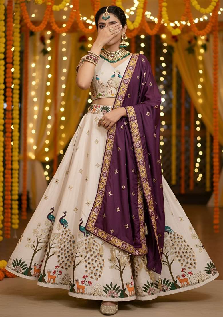 Cream Rayon Lehenga Set with Printed for Diwali | Wedding & Festive Wear - Indya