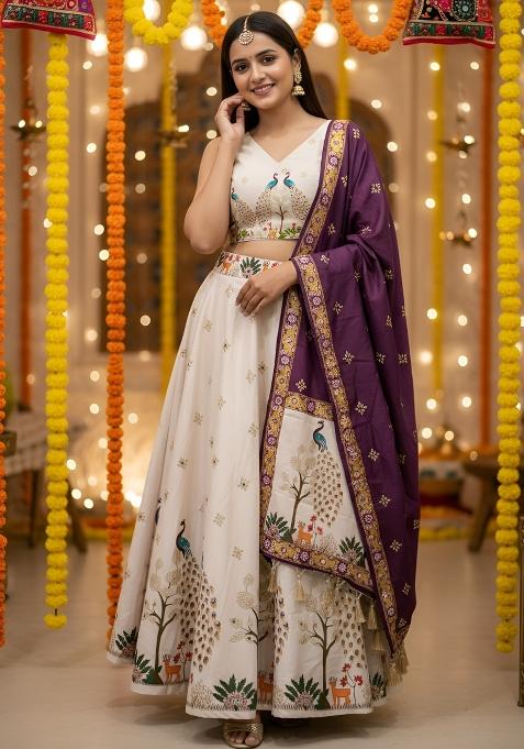 Cream Printed Rayon Lehenga Set