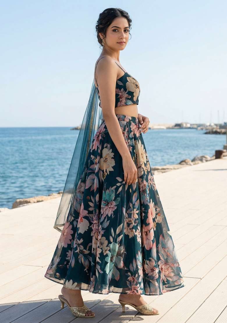 Blue Georgette Lehenga Set with Printed for Diwali | Wedding & Festive Wear - Indya