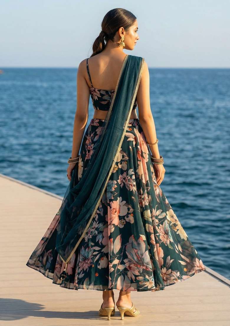 Blue Georgette Lehenga Set with Printed for Diwali | Wedding & Festive Wear - Indya