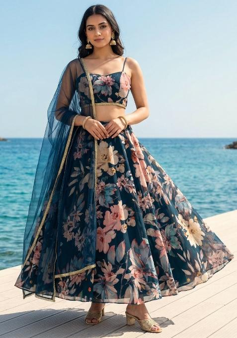 Blue Printed Georgette Lehenga Set
