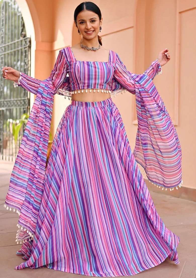 Multicolor Georgette Lehenga Set with Printed for Diwali | Wedding & Festive Wear - Indya