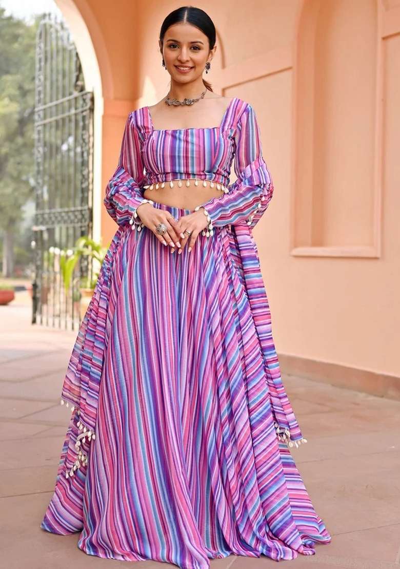 Multicolor Georgette Lehenga Set with Printed for Diwali | Wedding & Festive Wear - Indya