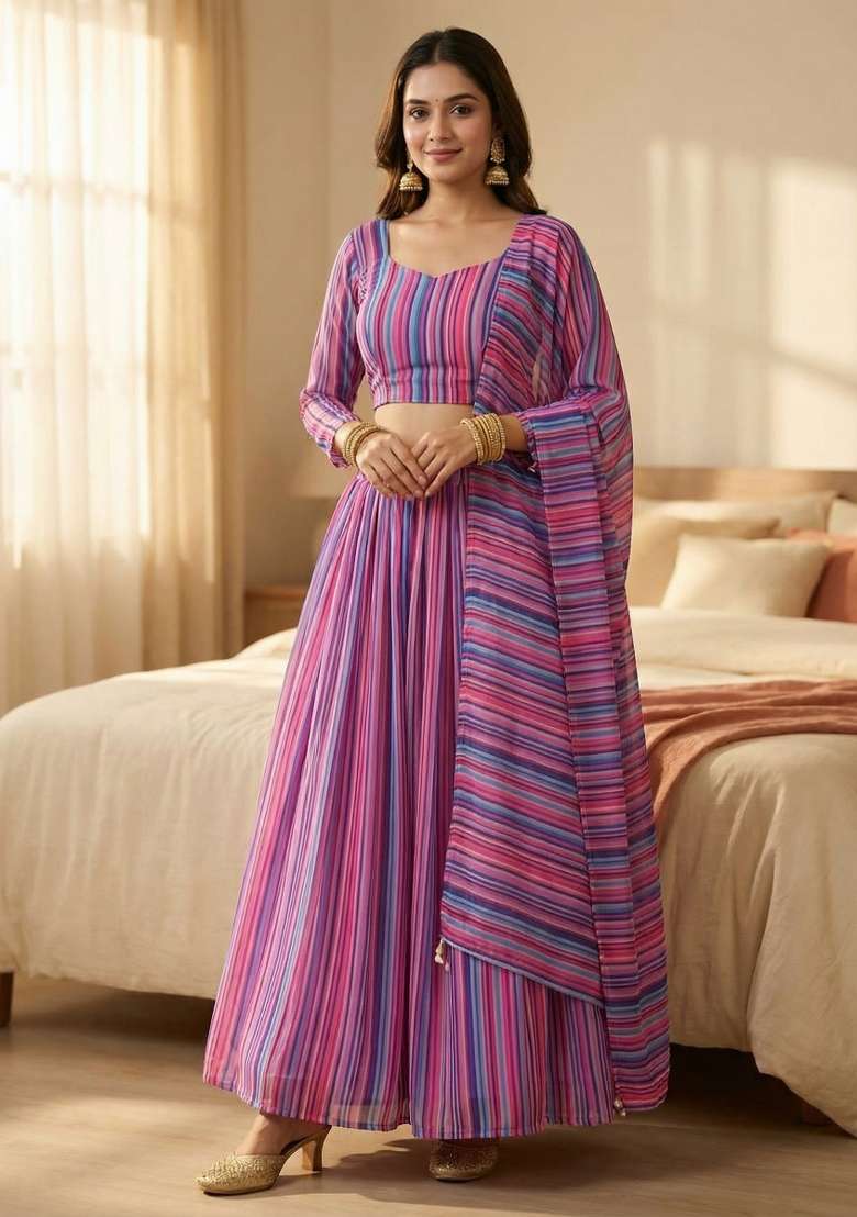 Multicolor Georgette Lehenga Set with Printed for Diwali | Wedding & Festive Wear - Indya