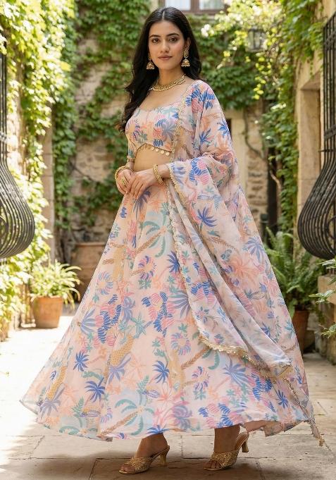 Pink Printed Georgette Lehenga Set