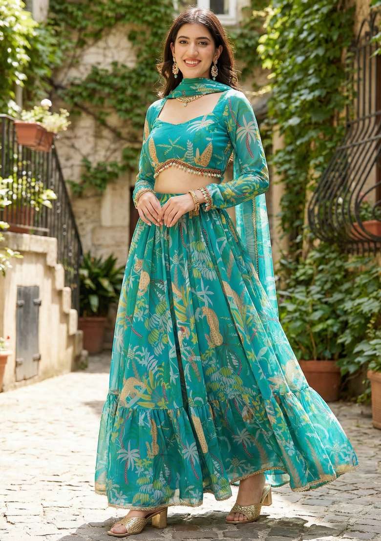 Teal Blue Printed Georgette Lehenga Set for Diwali and Festive Wear - Indya
