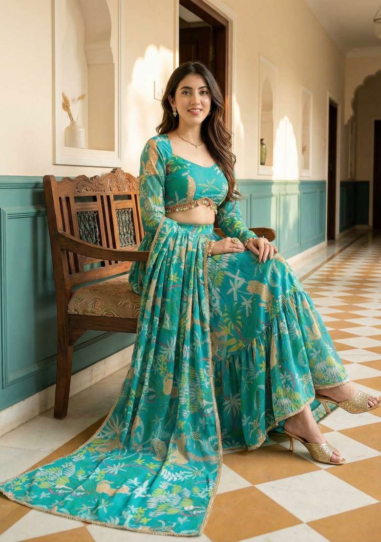 Teal Blue Printed Georgette Lehenga Set for Diwali and Festive Wear - Indya