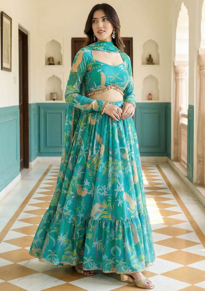 Teal Blue Printed Georgette Lehenga Set for Diwali and Festive Wear - Indya