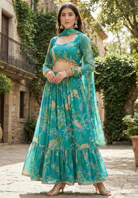 Teal Blue Printed Georgette Lehenga Set