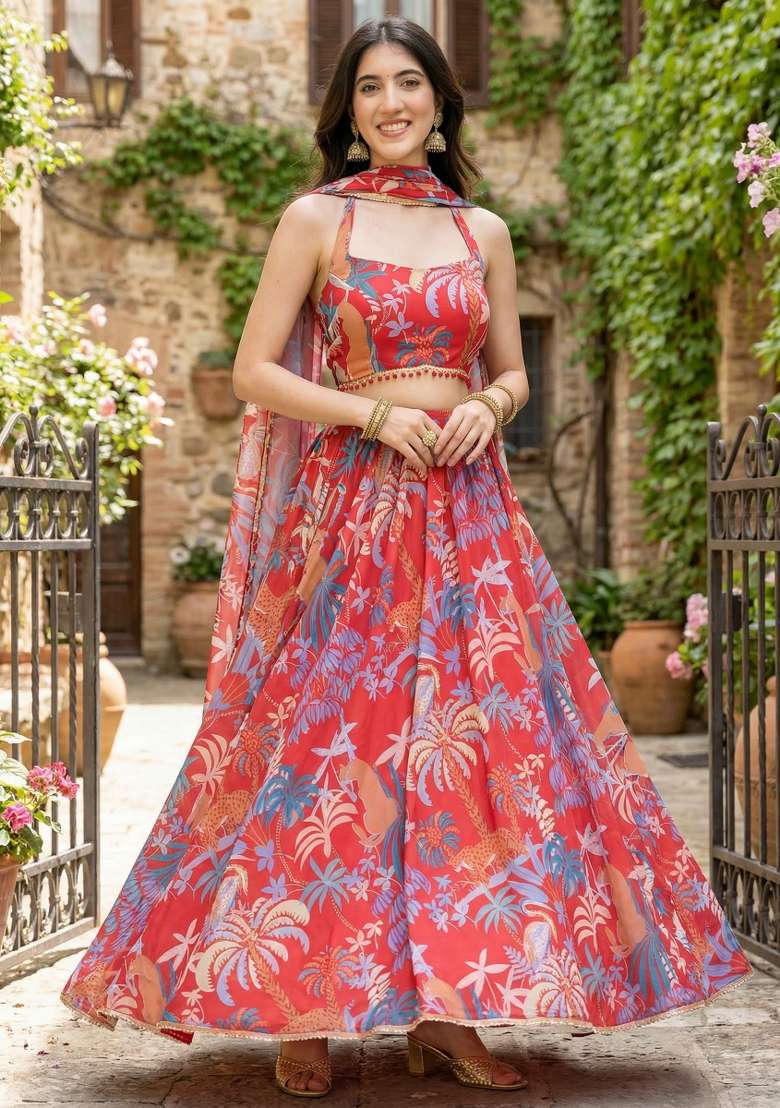 Red Printed Georgette Lehenga Set for Diwali and Festive Wear - Indya