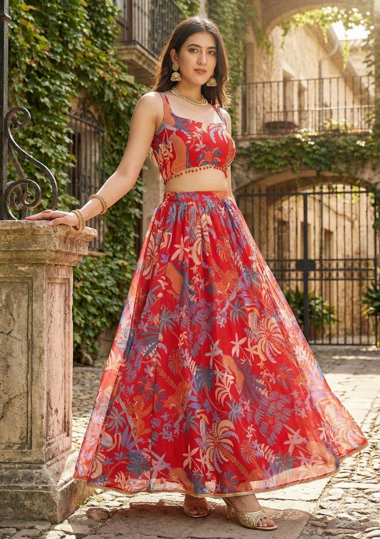 Red Printed Georgette Lehenga Set for Diwali and Festive Wear - Indya