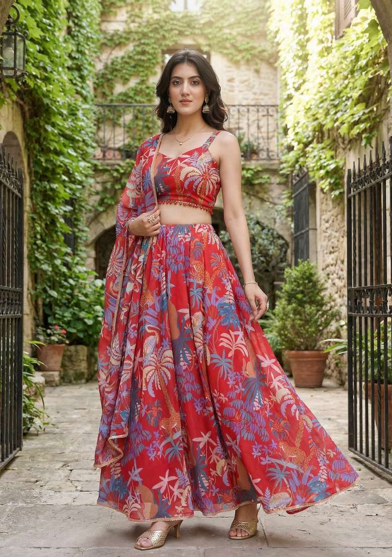 Red Printed Georgette Lehenga Set for Diwali and Festive Wear - Indya