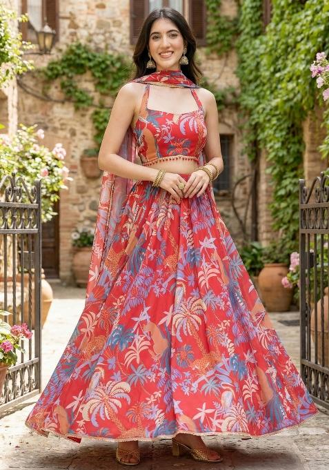 Red Printed Georgette Lehenga Set