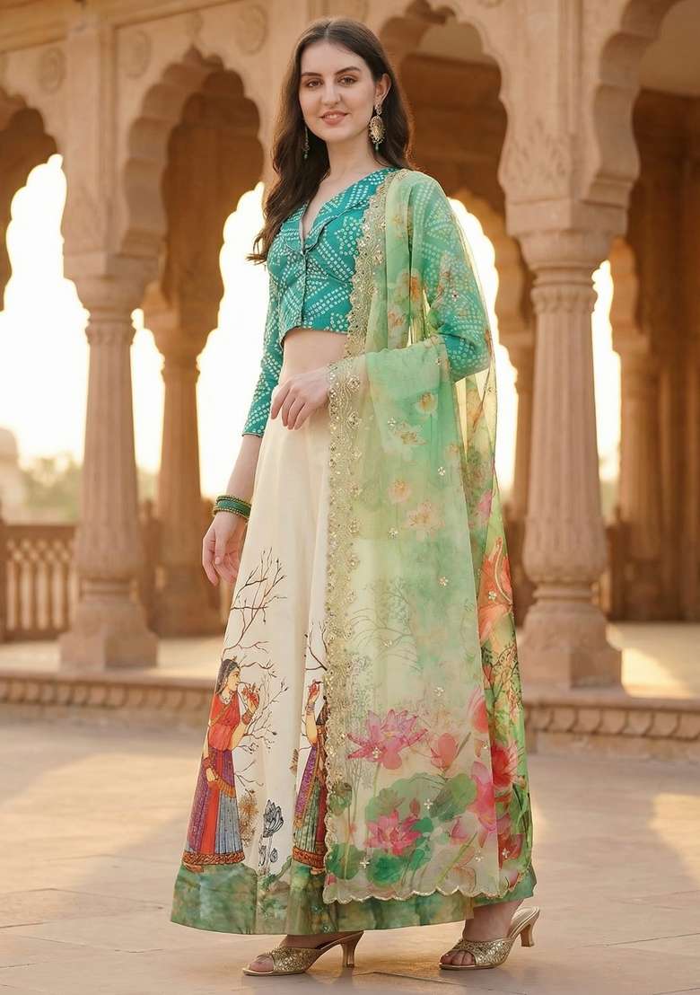 Green Satin Lehenga Set with Embroidery for Diwali | Wedding & Festive Wear - Indya