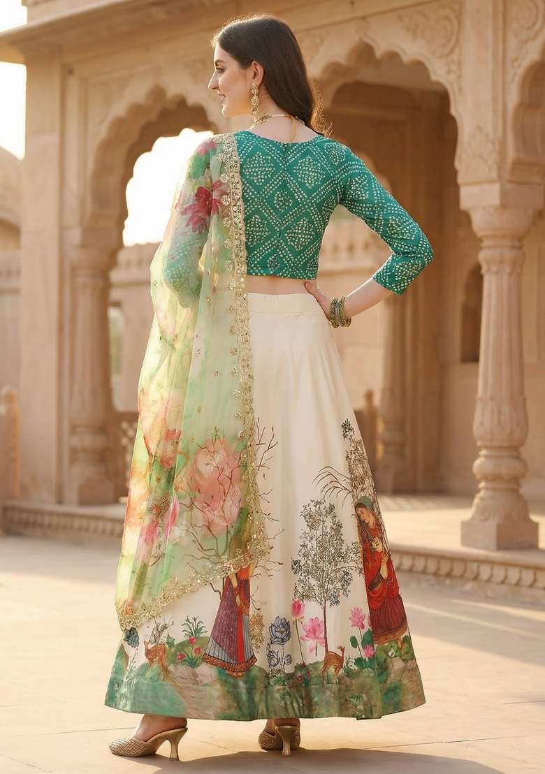 Green Satin Lehenga Set with Embroidery for Diwali | Wedding & Festive Wear - Indya