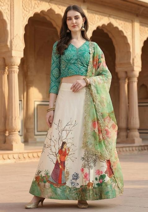 Green Embroidery Satin Lehenga Set