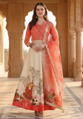 Red Embroidery Satin Lehenga Set