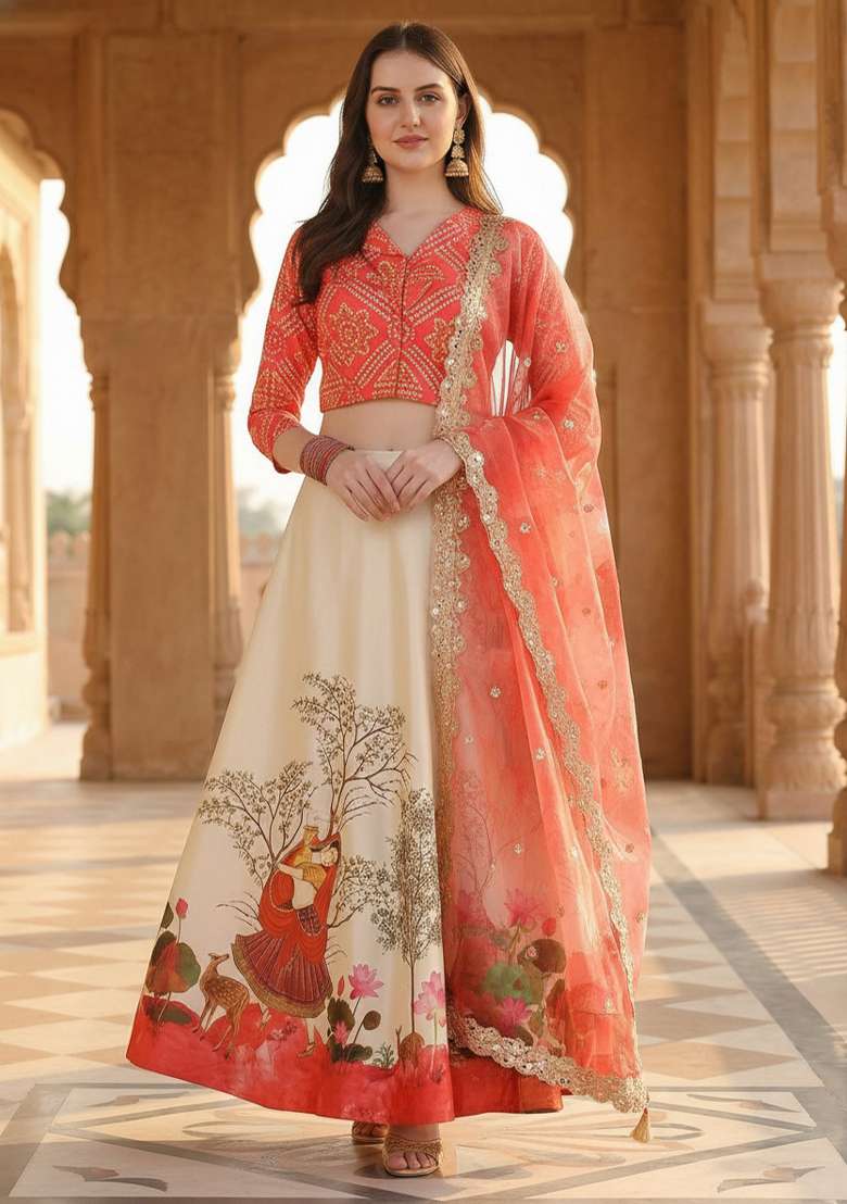 Red Embroidery Satin Lehenga Set for Diwali and Festive Wear - Indya