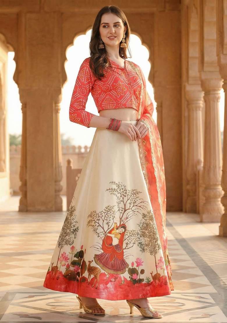 Red Embroidery Satin Lehenga Set for Diwali and Festive Wear - Indya
