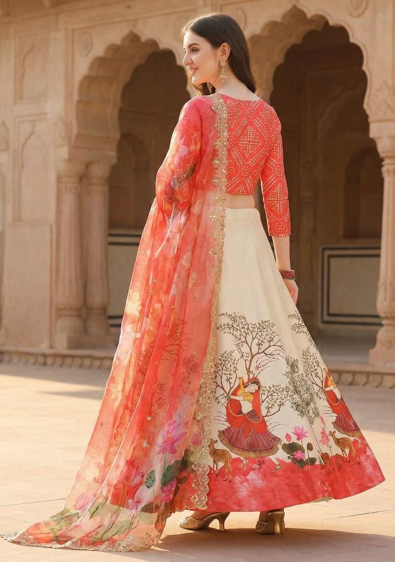 Red Embroidery Satin Lehenga Set for Diwali and Festive Wear - Indya
