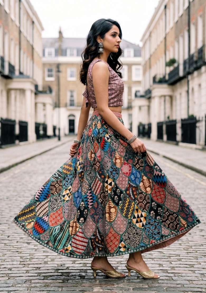 Brown Satin Lehenga Set with Printed for Diwali | Wedding & Festive Wear - Indya