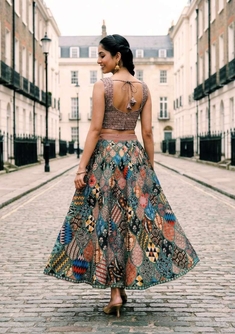 Brown Satin Lehenga Set with Printed for Diwali | Wedding & Festive Wear - Indya