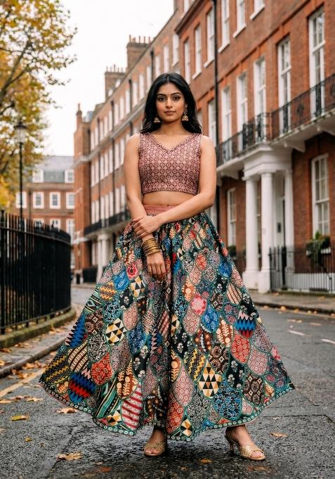 Brown Printed Satin Lehenga Set