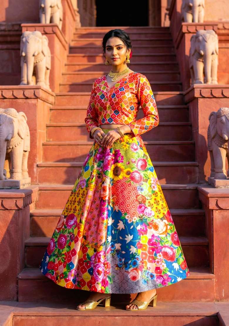 Pink Printed Satin Lehenga Set for Diwali and Festive Wear - Indya