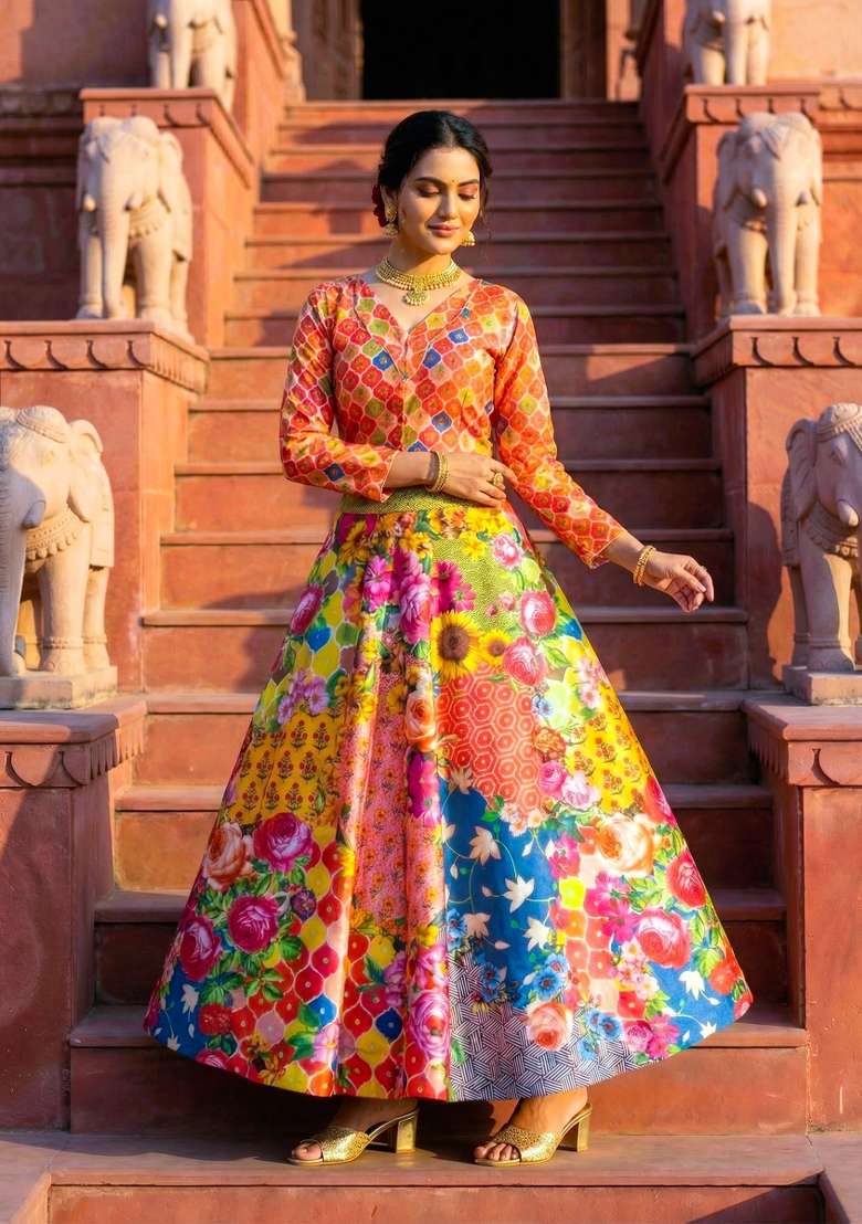 Pink Printed Satin Lehenga Set for Diwali and Festive Wear - Indya