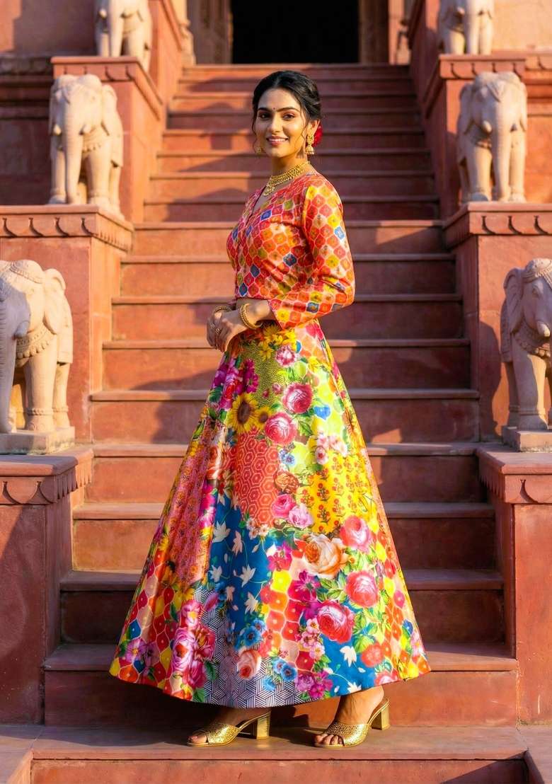 Pink Printed Satin Lehenga Set for Diwali and Festive Wear - Indya