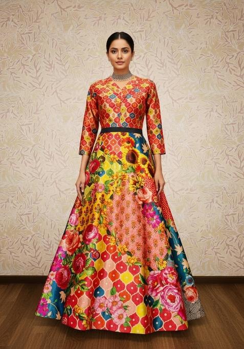 Pink Printed Satin Lehenga Set
