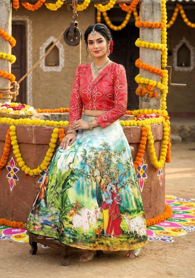 Pink Satin Lehenga Set with Printed for Diwali | Wedding & Festive Wear - Indya
