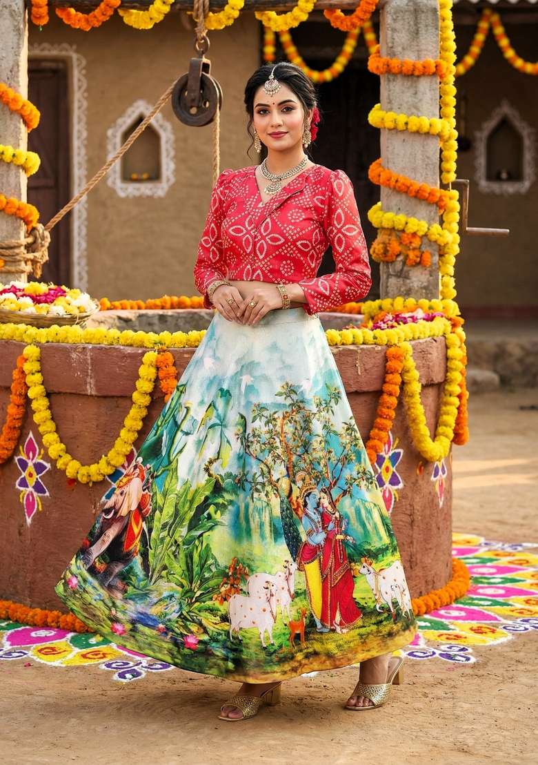 Pink Satin Lehenga Set with Printed for Diwali | Wedding & Festive Wear - Indya