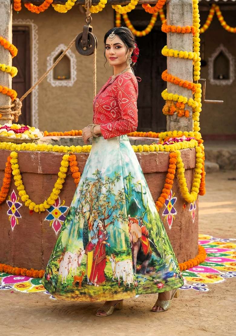 Pink Satin Lehenga Set with Printed for Diwali | Wedding & Festive Wear - Indya
