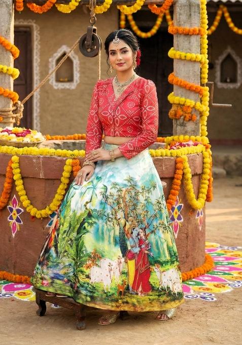 Pink Printed Satin Lehenga Set