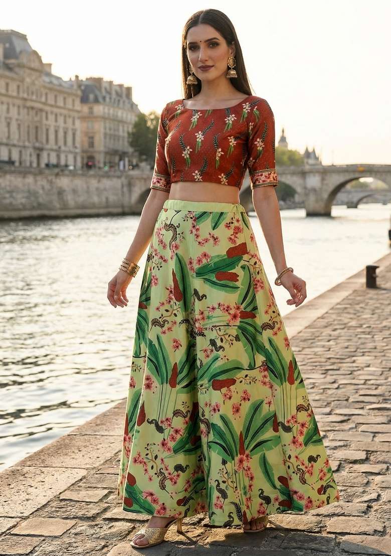 Olive Satin Lehenga Set with Printed for Diwali | Wedding & Festive Wear - Indya