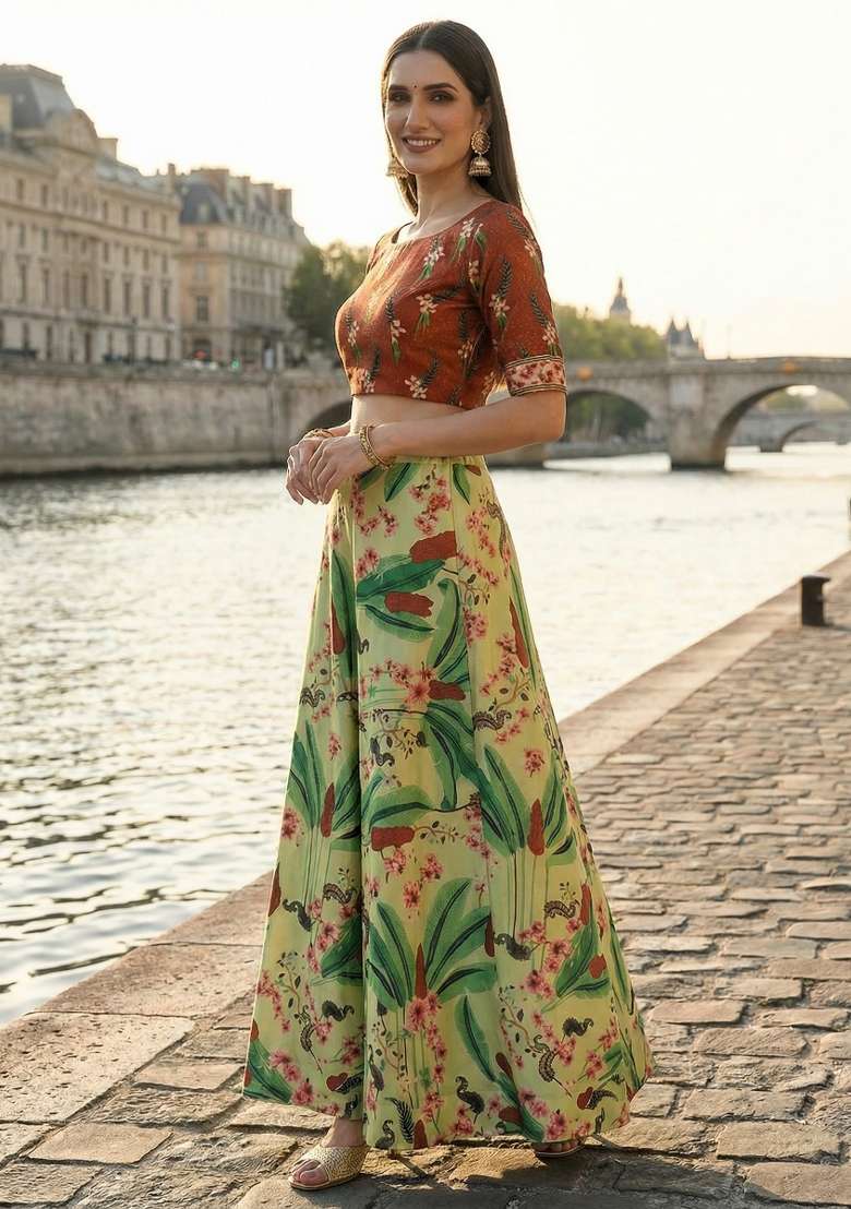 Olive Satin Lehenga Set with Printed for Diwali | Wedding & Festive Wear - Indya