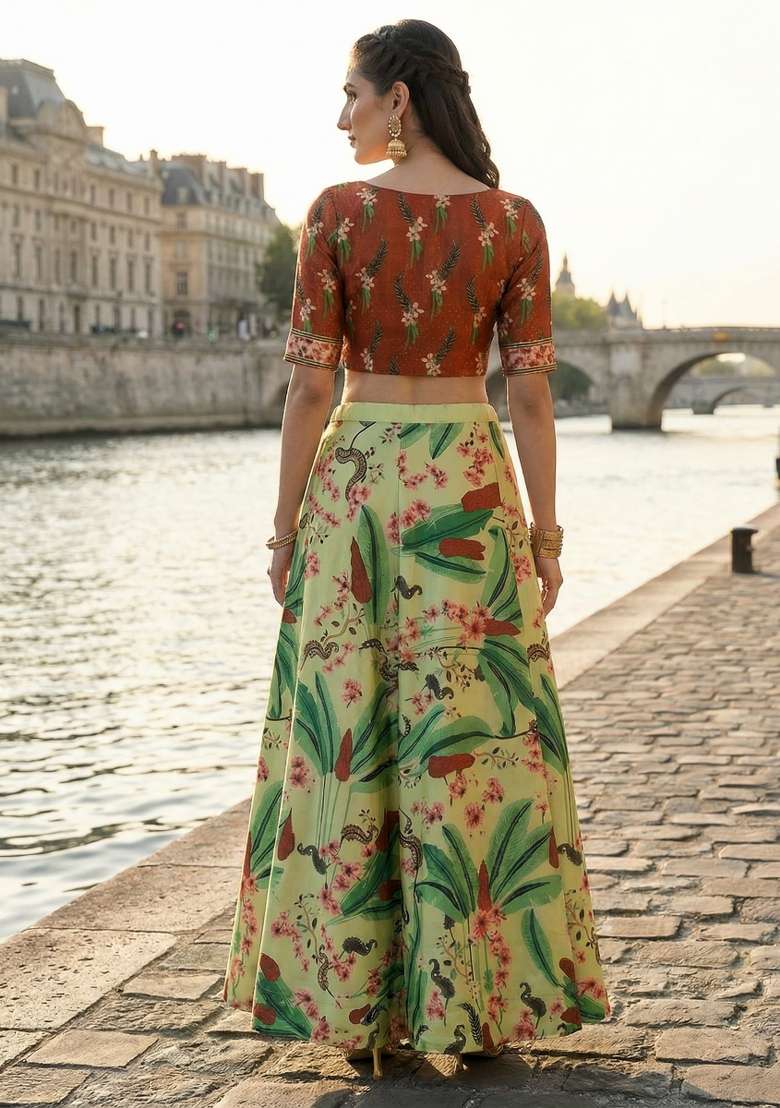 Olive Satin Lehenga Set with Printed for Diwali | Wedding & Festive Wear - Indya