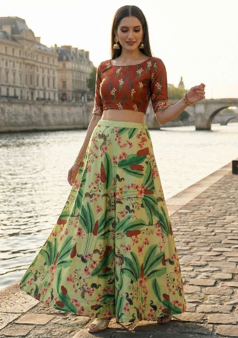 Olive Satin Lehenga Set with Printed for Diwali | Wedding & Festive Wear - Indya