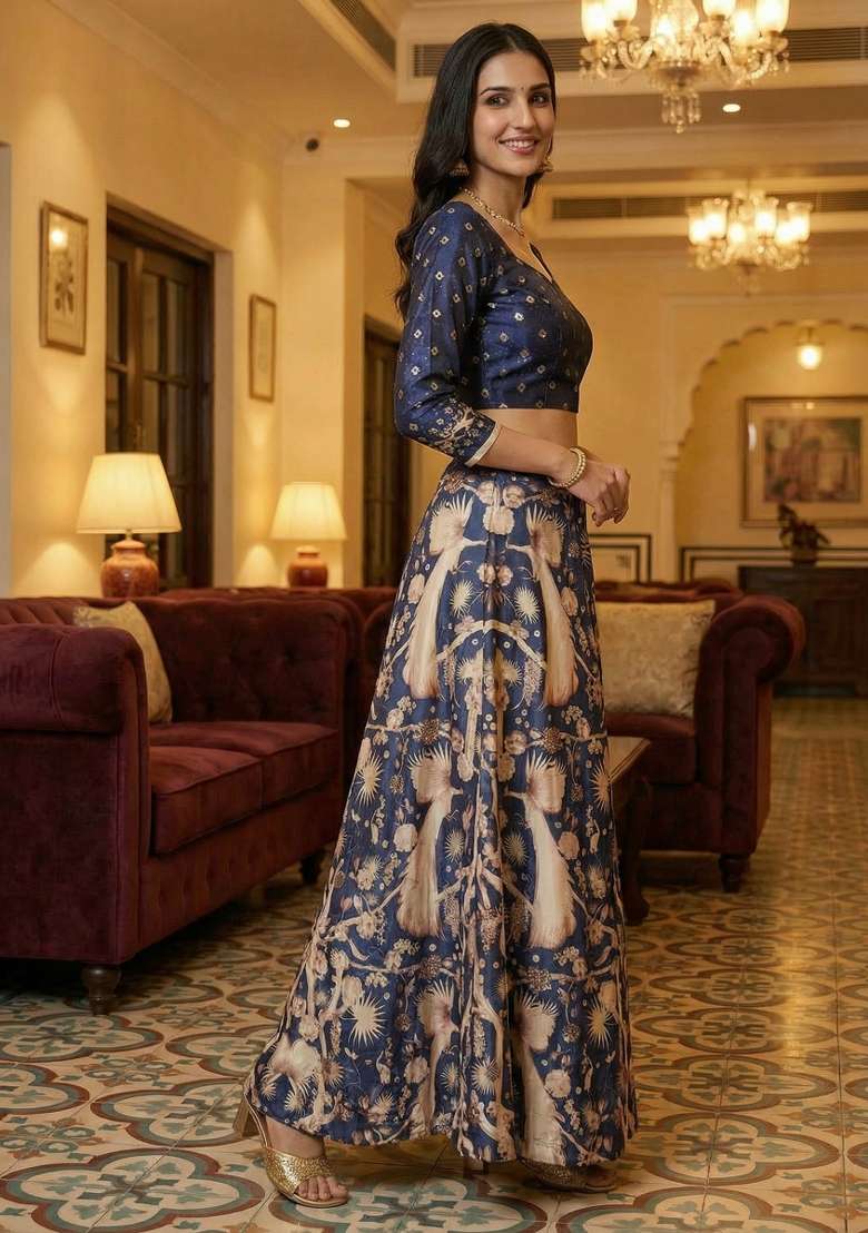 Blue Satin Lehenga Set with Printed for Diwali | Wedding & Festive Wear - Indya