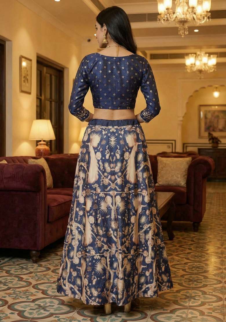 Blue Satin Lehenga Set with Printed for Diwali | Wedding & Festive Wear - Indya