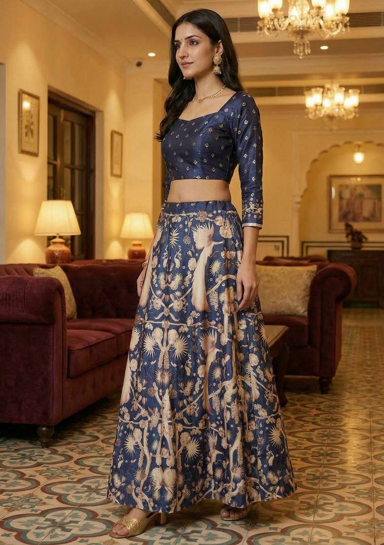 Blue Satin Lehenga Set with Printed for Diwali | Wedding & Festive Wear - Indya