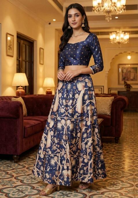 Blue Printed Satin Lehenga Set
