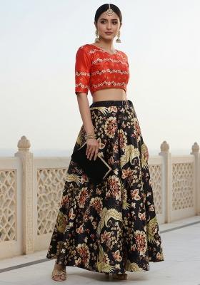 Black Printed Satin Lehenga Set