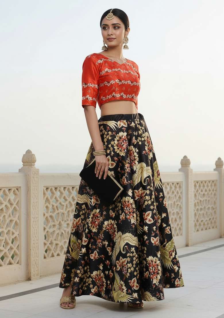 Black Satin Lehenga Set with Printed for Diwali | Wedding & Festive Wear - Indya